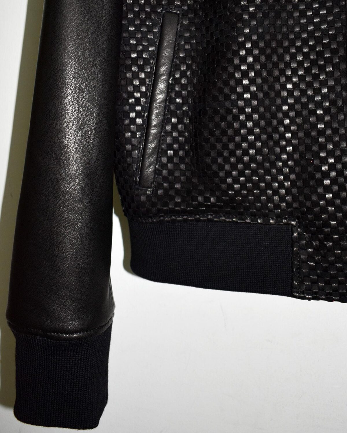 695e597b59f447123fa4e438.jpg Suede Trim Intrecciato Lambskin Black Hand Woven Genuine Leather Men's Bomber Jacket