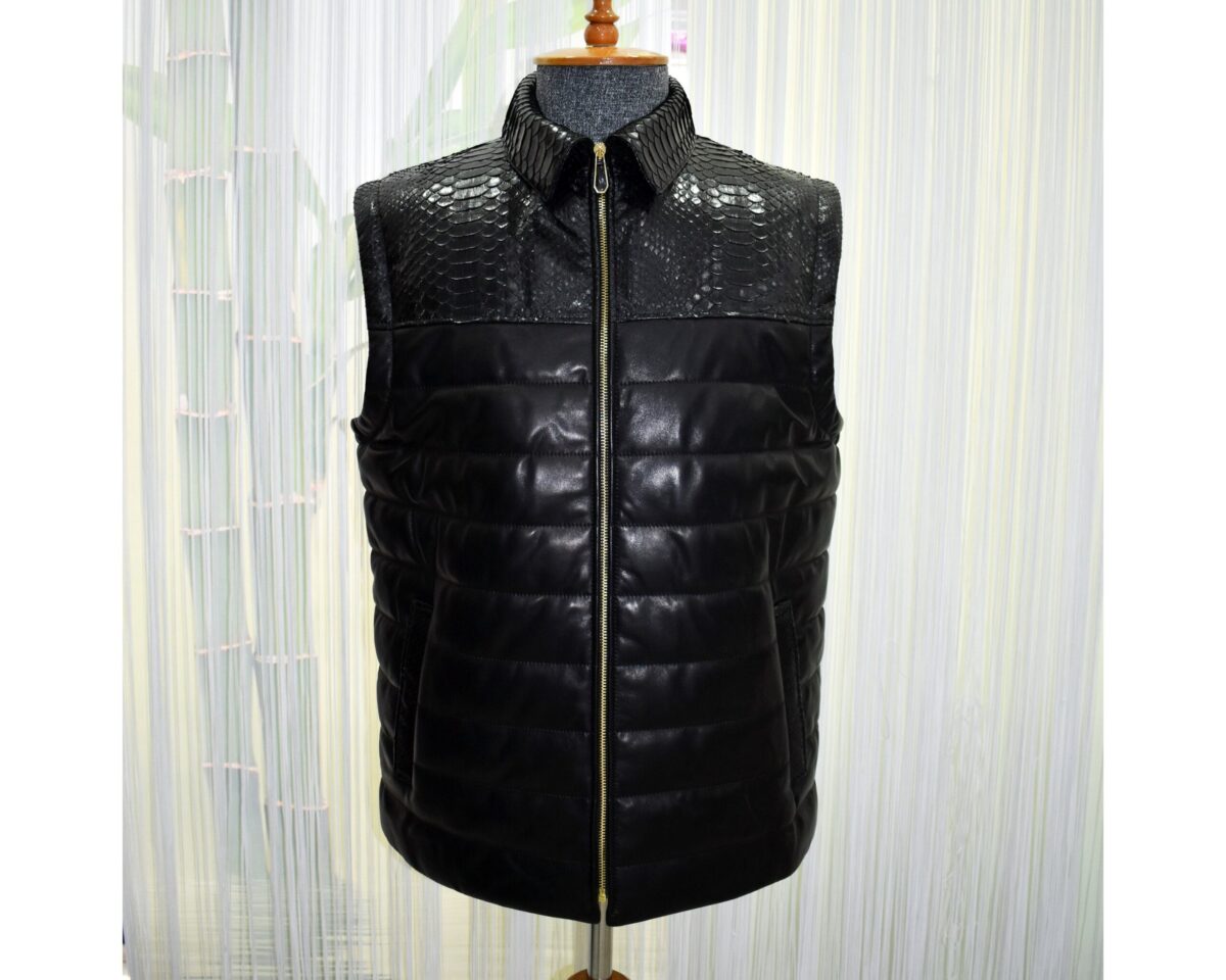 Men's Quilted Lambskin Vest: Genuine Python Leather Trim