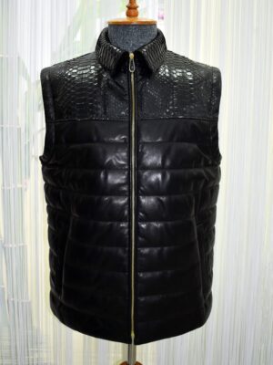 Men's Quilted Lambskin Vest: Genuine Python Leather Trim