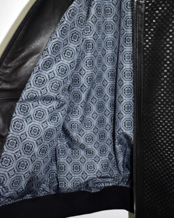 Suede Trim Basketweave Lambskin Black Hand Woven Genuine Leather Men's Bomber Jacket