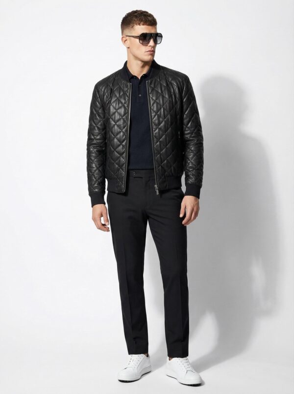 Handmade Quilted Leather Bomber Jacket – Luxury Black Diamond-Stitch Men’s Designer Outerwear