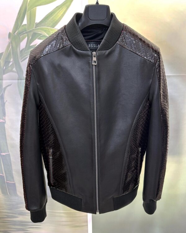 Deep Red & Black Genuine Python Skin Bomber Jacket | Men's Exotic Snake and Lambskin Outerwear