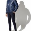 Genuine Ostrich Quill Leather Rex Rabbit Fur Lining Men Navy Blue Hoodie Jacket