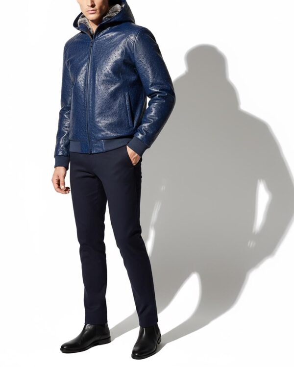 Genuine Ostrich Quill Leather Rex Rabbit Fur Lining Men Navy Blue Hoodie Jacket