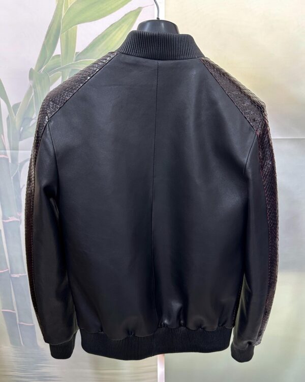 Deep Red & Black Genuine Python Skin Bomber Jacket | Men's Exotic Snake and Lambskin Outerwear