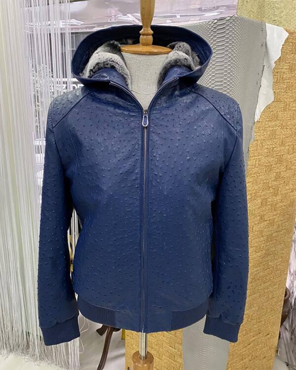 Genuine Ostrich Quill Leather Rex Rabbit Fur Lining Men Navy Blue Hoodie Jacket