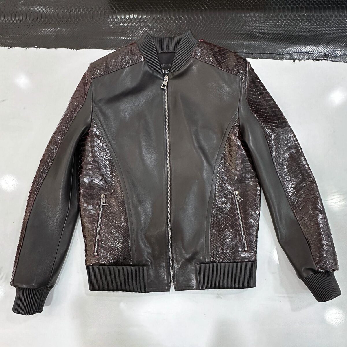 695e598359f447123fa4e601.jpg Deep Red & Black Genuine Python Skin Bomber Jacket | Men's Exotic Snake and Lambskin Outerwear
