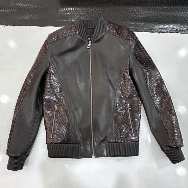 Deep Red & Black Genuine Python Skin Bomber Jacket | Men's Exotic Snake and Lambskin Outerwear