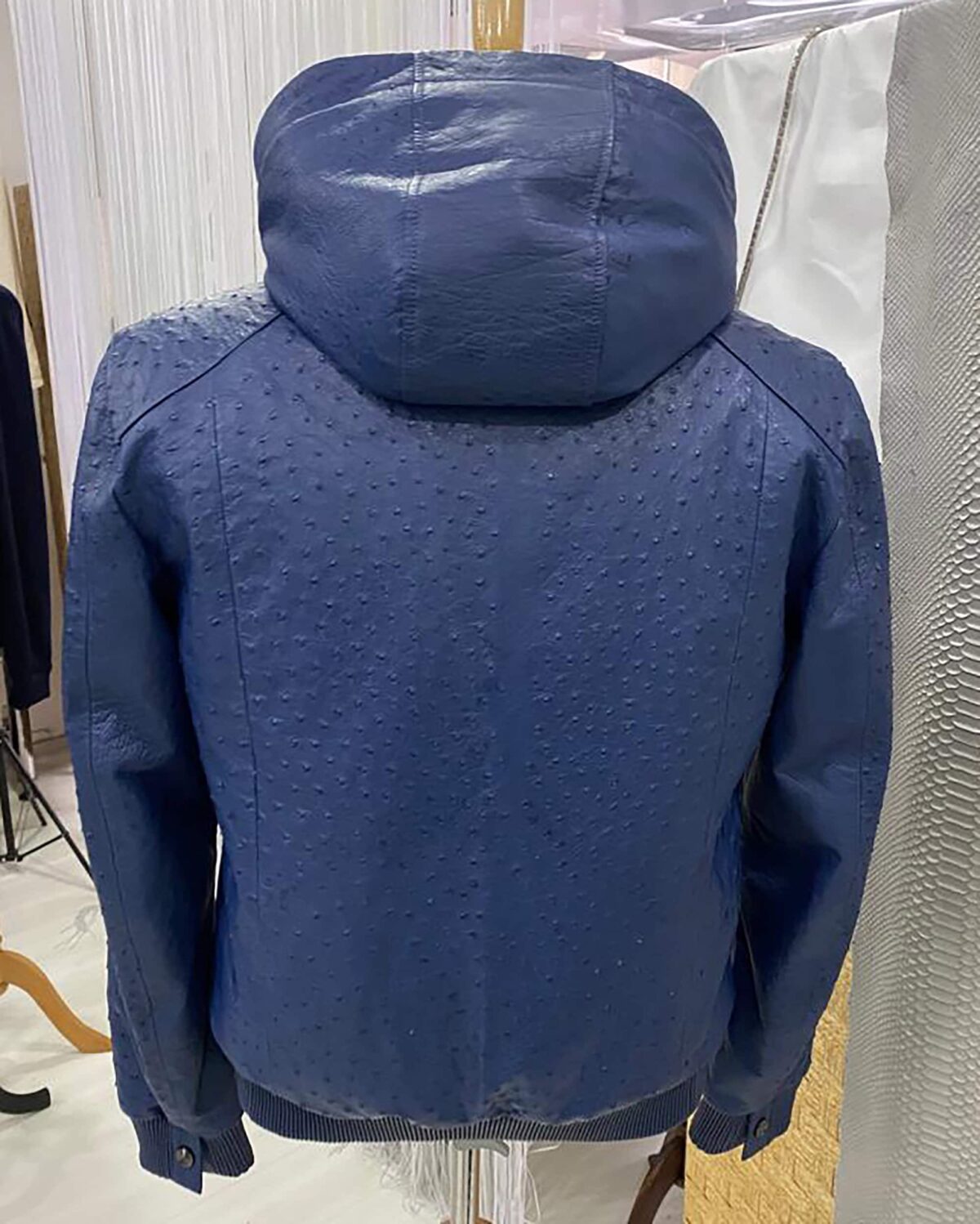 Genuine Ostrich Quill Leather Rex Rabbit Fur Lining Men Navy Blue Hoodie Jacket