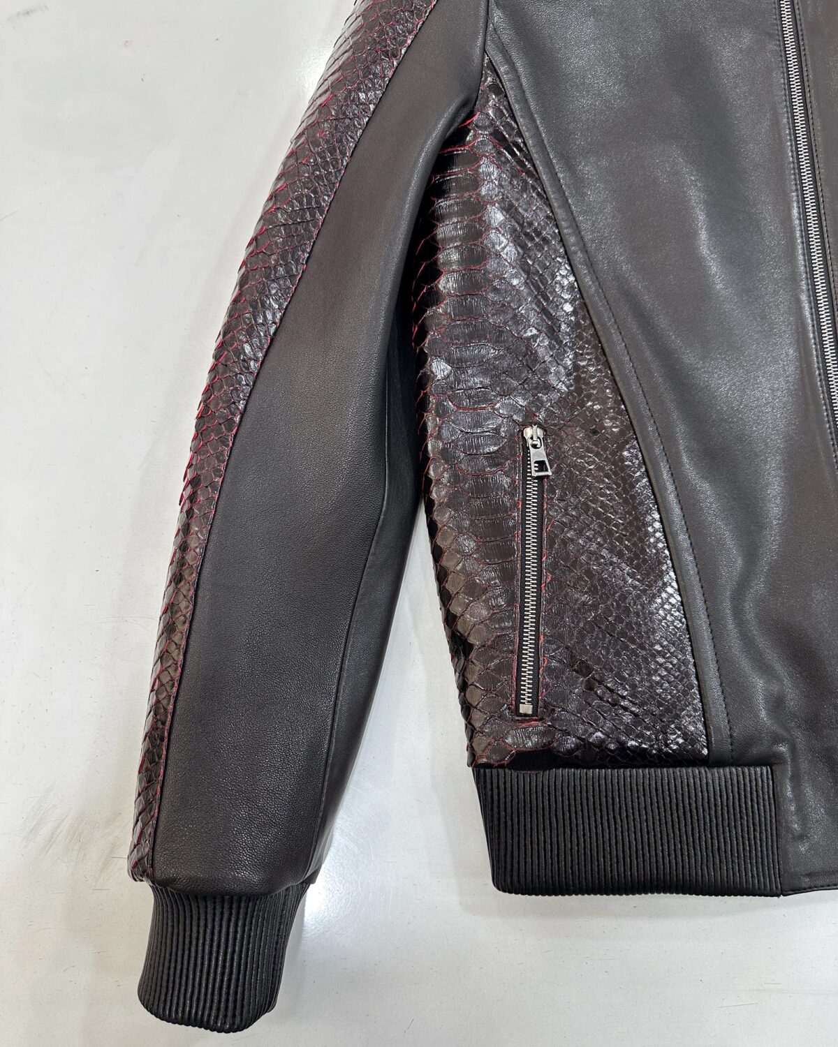 695e598459f447123fa4e61e.jpg Deep Red & Black Genuine Python Skin Bomber Jacket | Men's Exotic Snake and Lambskin Outerwear