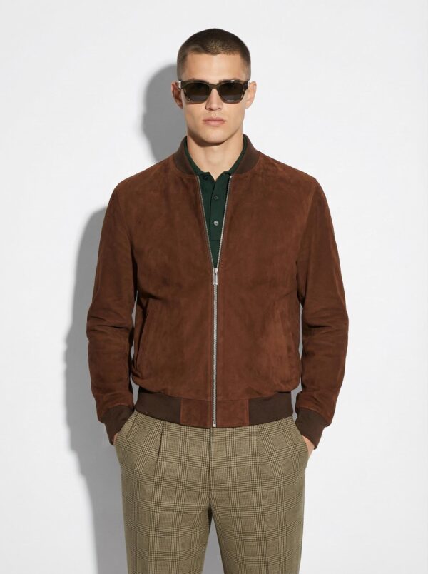 High-End Suede Genuine Leather Bomber Jacket | Burgundy Red & Brown Luxury Coat