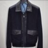 High-End Suede Genuine Leather Bomber Jacket | Navy Blue Coat Wtih Crocodile Embossed Lambskin Trim