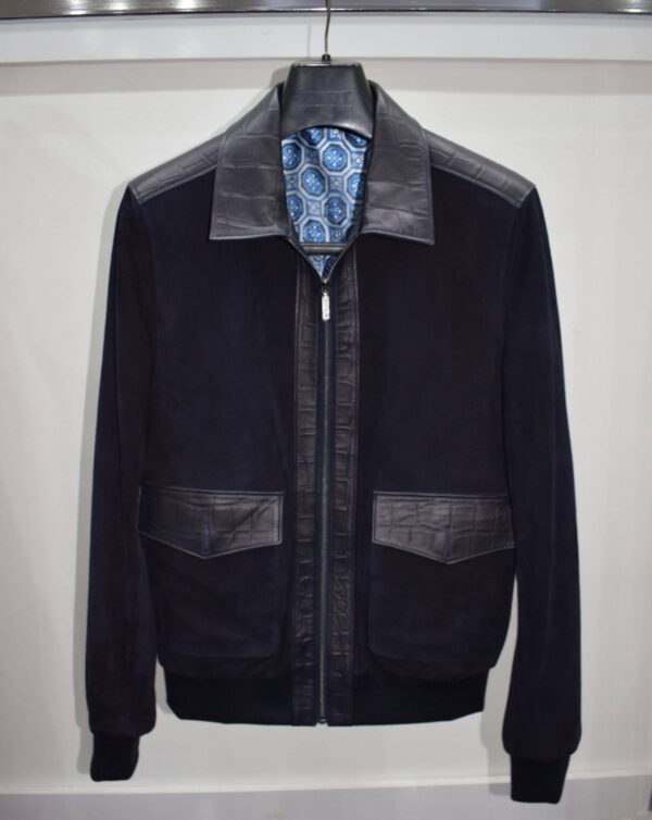 High-End Suede Genuine Leather Bomber Jacket | Navy Blue Coat Wtih Crocodile Embossed Lambskin Trim