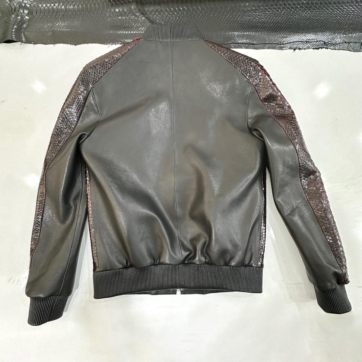 695e598559f447123fa4e626.jpg Deep Red & Black Genuine Python Skin Bomber Jacket | Men's Exotic Snake and Lambskin Outerwear