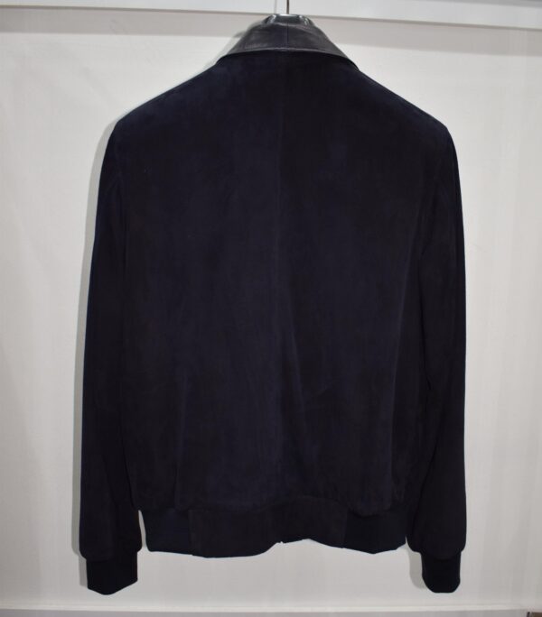 High-End Suede Genuine Leather Bomber Jacket | Navy Blue Coat Wtih Crocodile Embossed Lambskin Trim