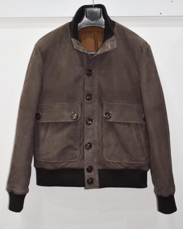 Nubuck Leather Bomber Jacket, Men's Brown Suede Button-Front, Luxury Casual Outerwear