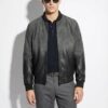 Men's Grey Black Gradient Leather Bomber Jacket: Handmade Suede