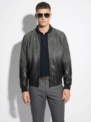 695e598759f447123fa4e6b6.jpg Men's Grey Black Gradient Leather Bomber Jacket: Handmade Suede