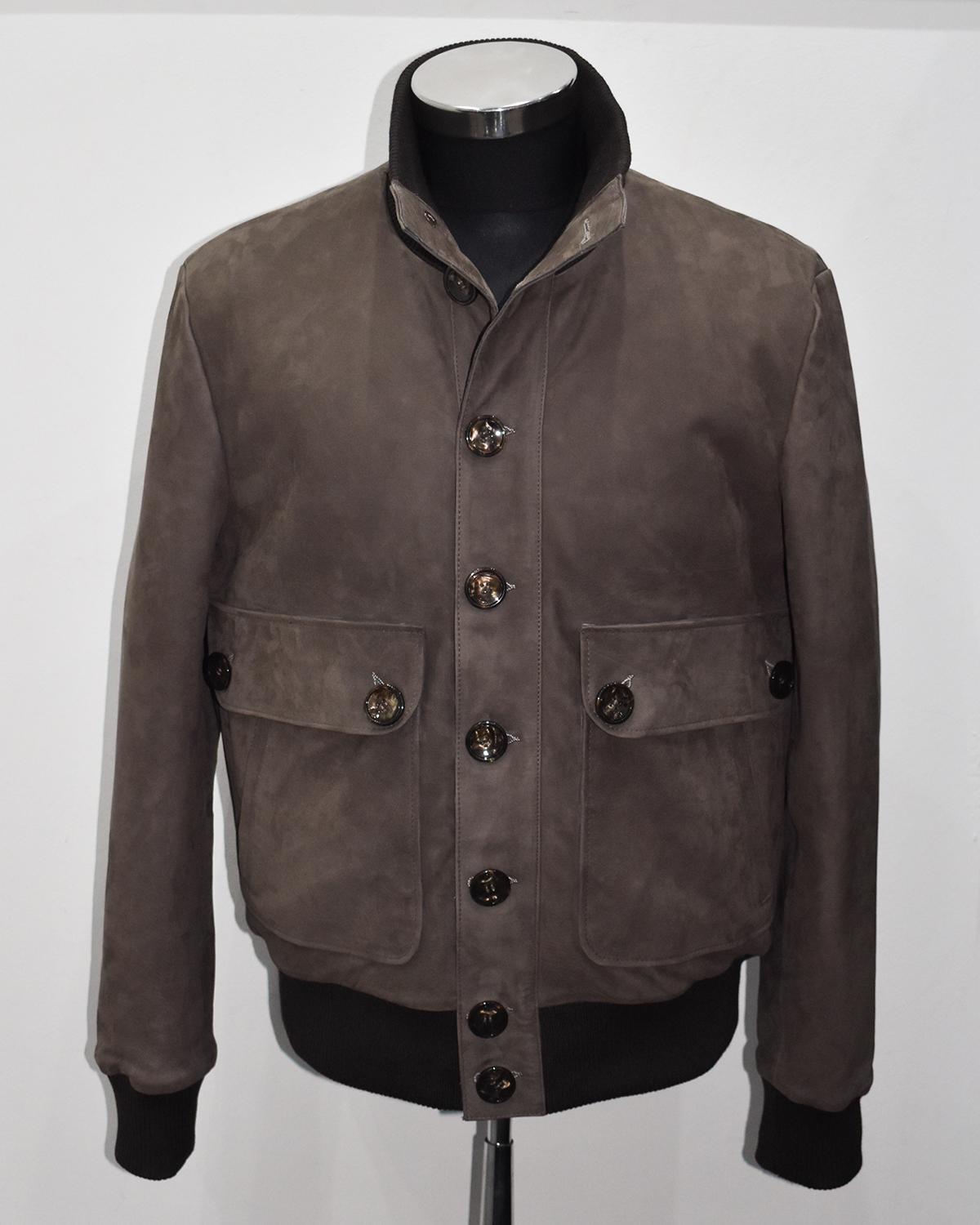 695e598859f447123fa4e6ba.jpg Nubuck Leather Bomber Jacket, Men's Brown Suede Button-Front, Luxury Casual Outerwear
