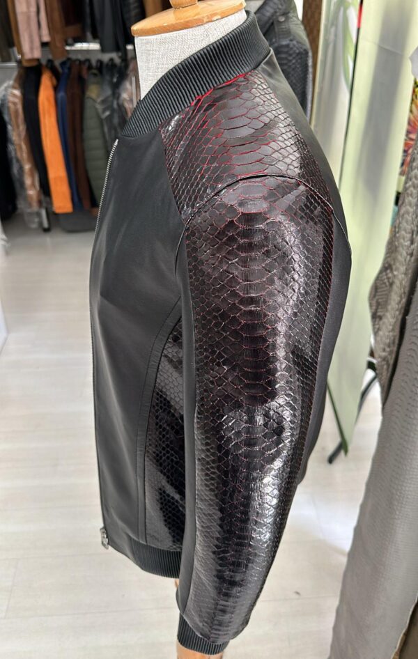 Deep Red & Black Genuine Python Skin Bomber Jacket | Men's Exotic Snake and Lambskin Outerwear