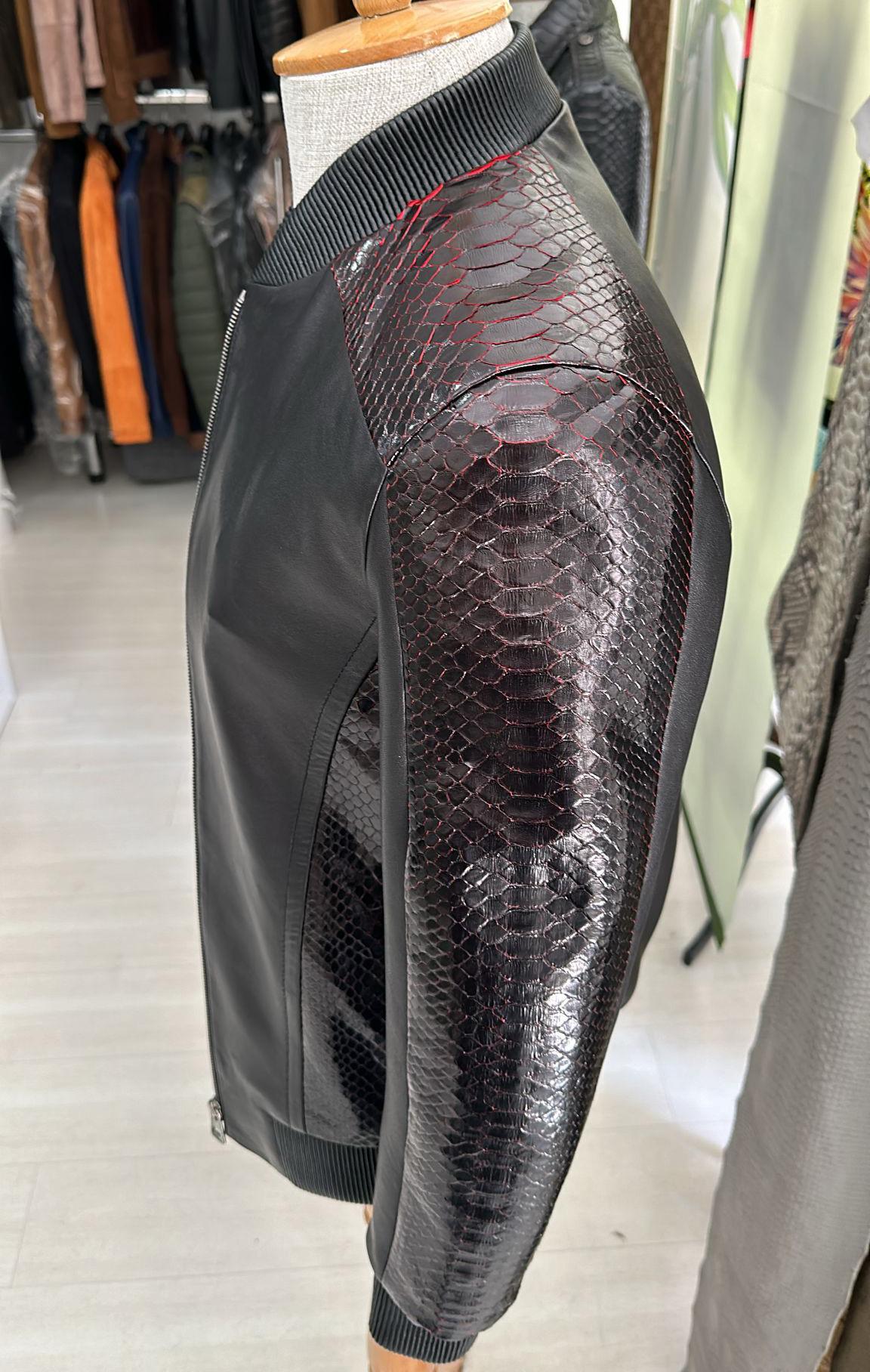 695e598859f447123fa4e6bc.jpg Deep Red & Black Genuine Python Skin Bomber Jacket | Men's Exotic Snake and Lambskin Outerwear