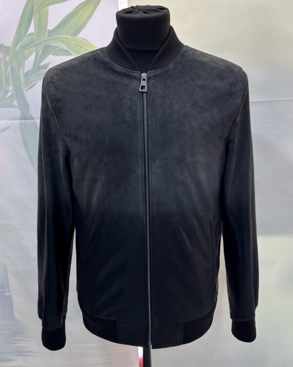Men's Grey Black Gradient Leather Bomber Jacket: Handmade Suede