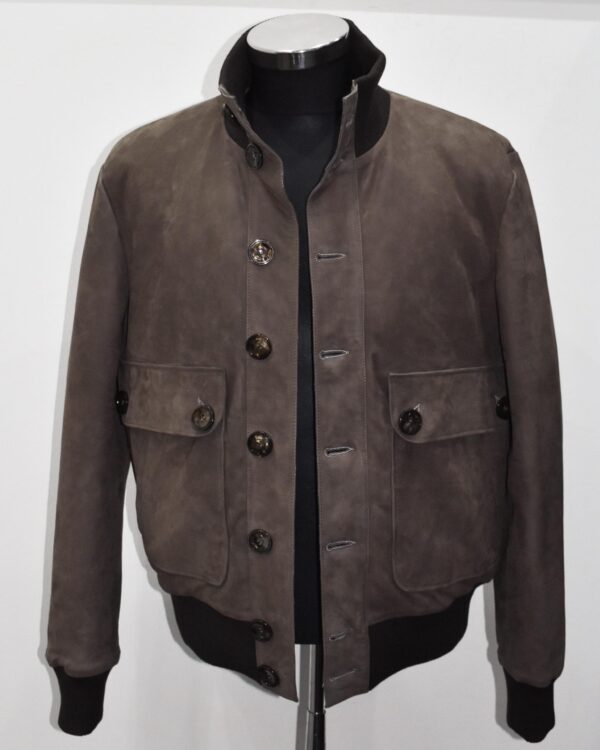 Nubuck Leather Bomber Jacket, Men's Brown Suede Button-Front, Luxury Casual Outerwear