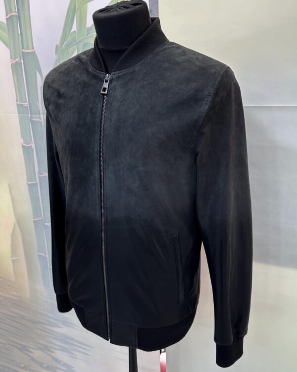 Men's Grey Black Gradient Leather Bomber Jacket: Handmade Suede