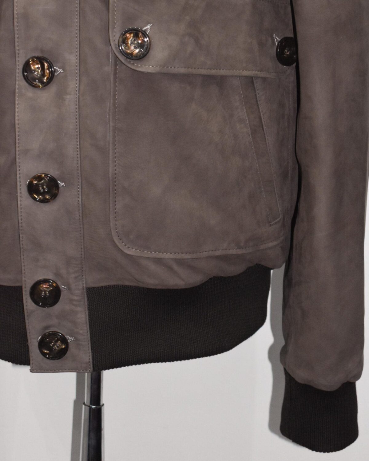 695e598959f447123fa4e6d4.jpg Nubuck Leather Bomber Jacket, Men's Brown Suede Button-Front, Luxury Casual Outerwear