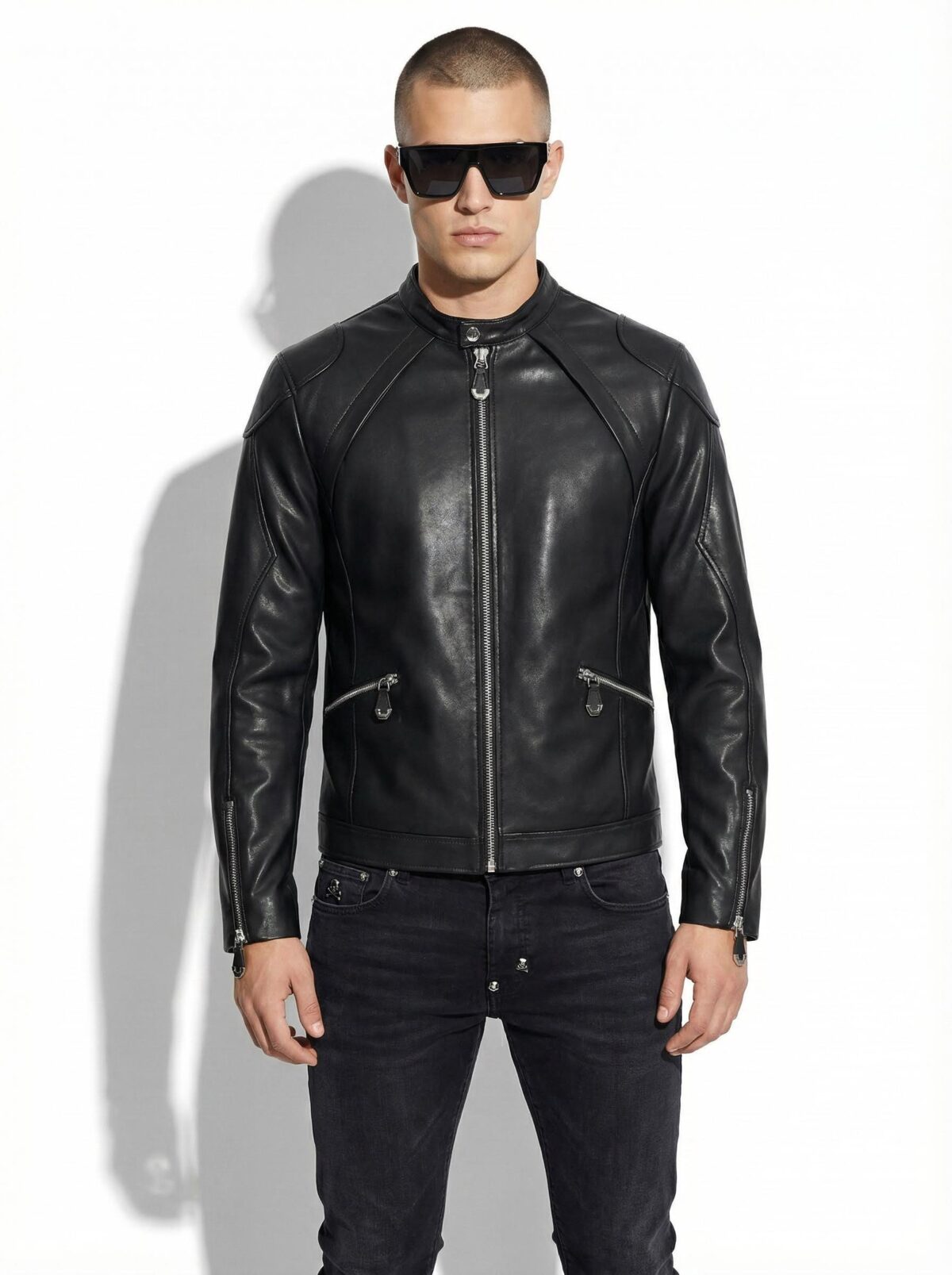 Black Leather Moto Racer Jacket | Men's Designer Zip-Up Coat | Classic Biker Style Outerwear