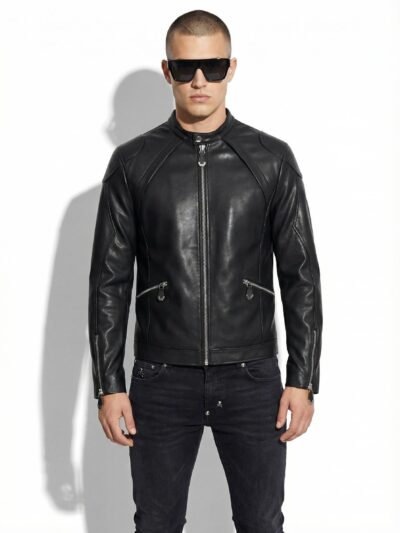 Black Leather Moto Racer Jacket | Men's Designer Zip-Up Coat | Classic Biker Style Outerwear