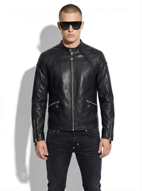 Black Leather Moto Racer Jacket | Men's Designer Zip-Up Coat | Classic Biker Style Outerwear