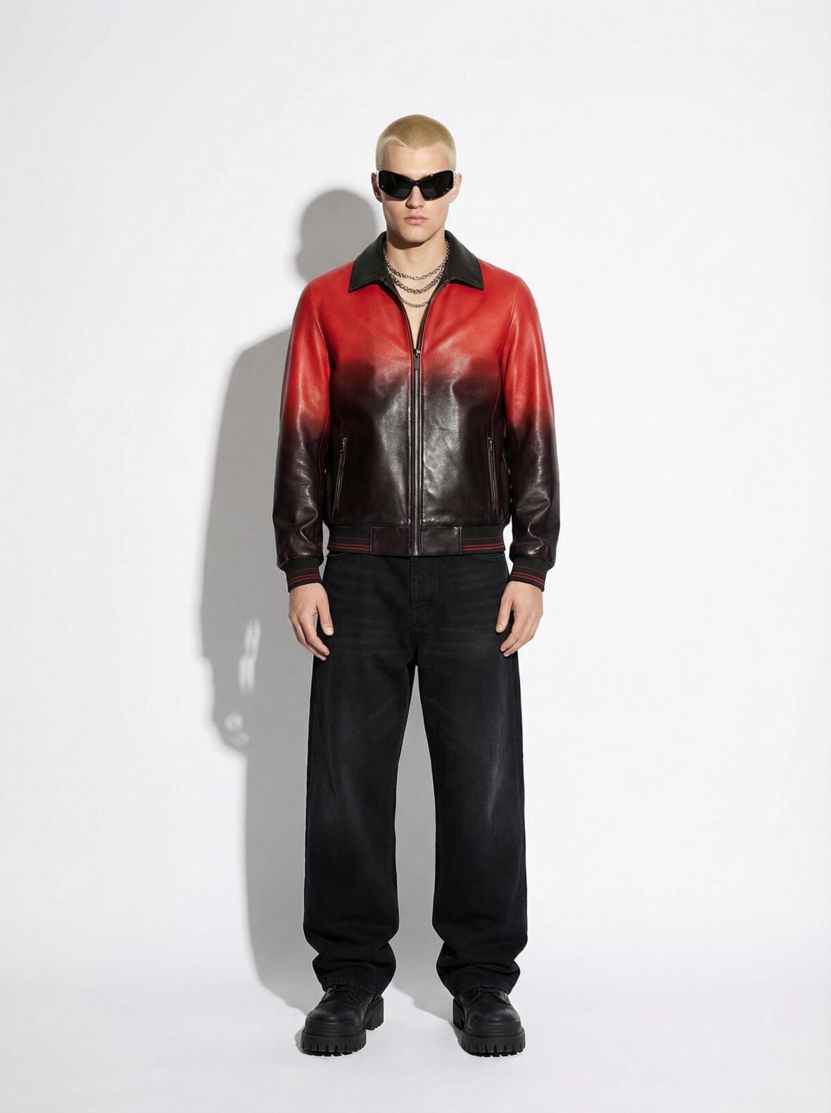 695e598b59f447123fa4e795.jpg Red Black Ombre Leather Bomber Jacket | Gradient Men's Coat | Custom Luxury Outerwear