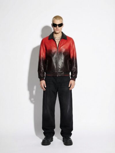 Red Black Ombre Leather Bomber Jacket | Gradient Men's Coat | Custom Luxury Outerwear