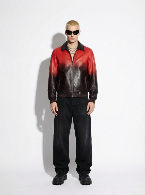 Red Black Ombre Leather Bomber Jacket | Gradient Men's Coat | Custom Luxury Outerwear