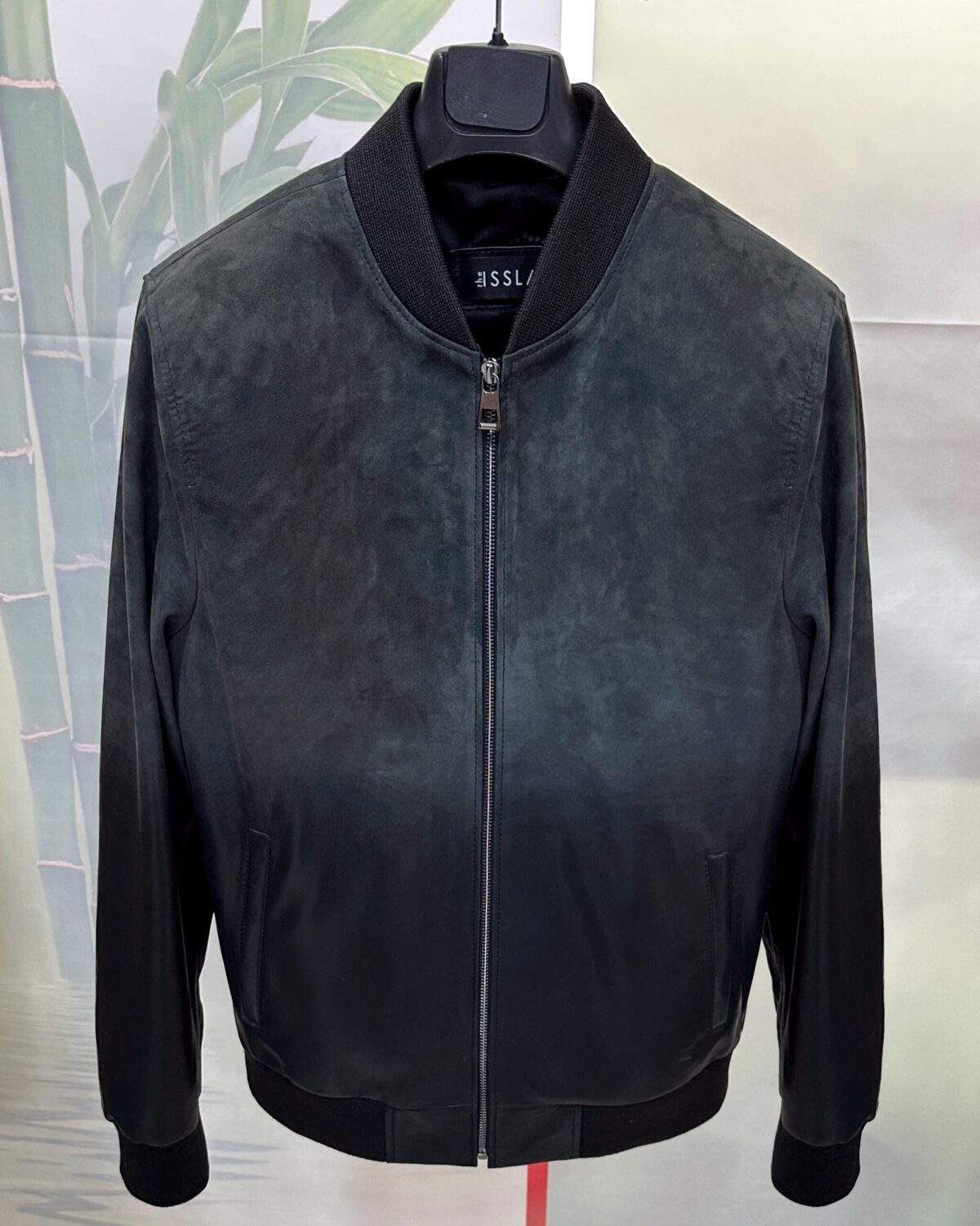 Men's Grey Black Gradient Leather Bomber Jacket: Handmade Suede