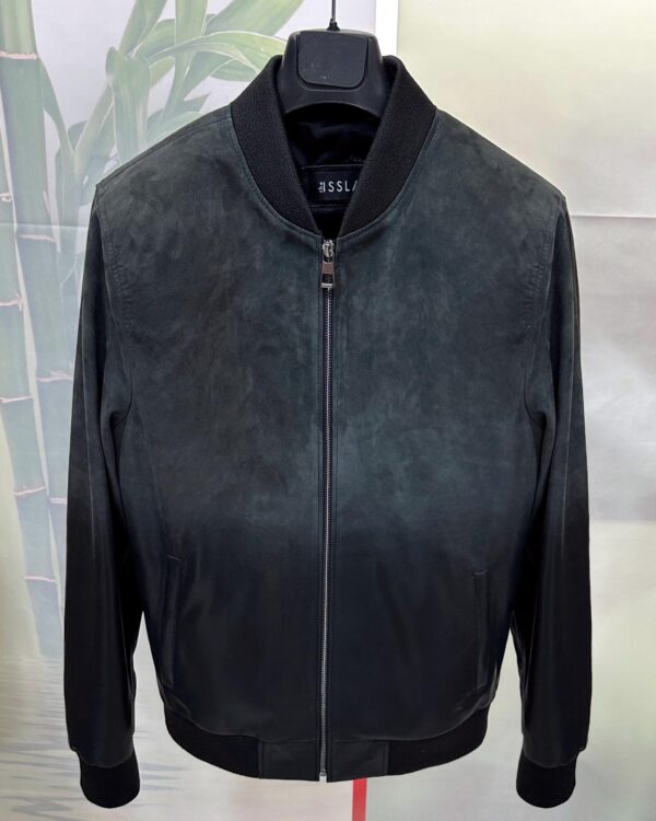 Men's Grey Black Gradient Leather Bomber Jacket: Handmade Suede