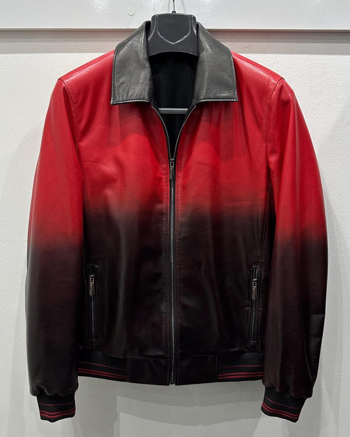 695e598b59f447123fa4e7a3.jpg Red Black Ombre Leather Bomber Jacket | Gradient Men's Coat | Custom Luxury Outerwear