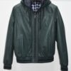 695e598e59f447123fa4e7f7.jpg Green Leather Hooded Bomber Jacket | Men's Zip-Up Hoodie Coat | Casual Luxury Outerwear