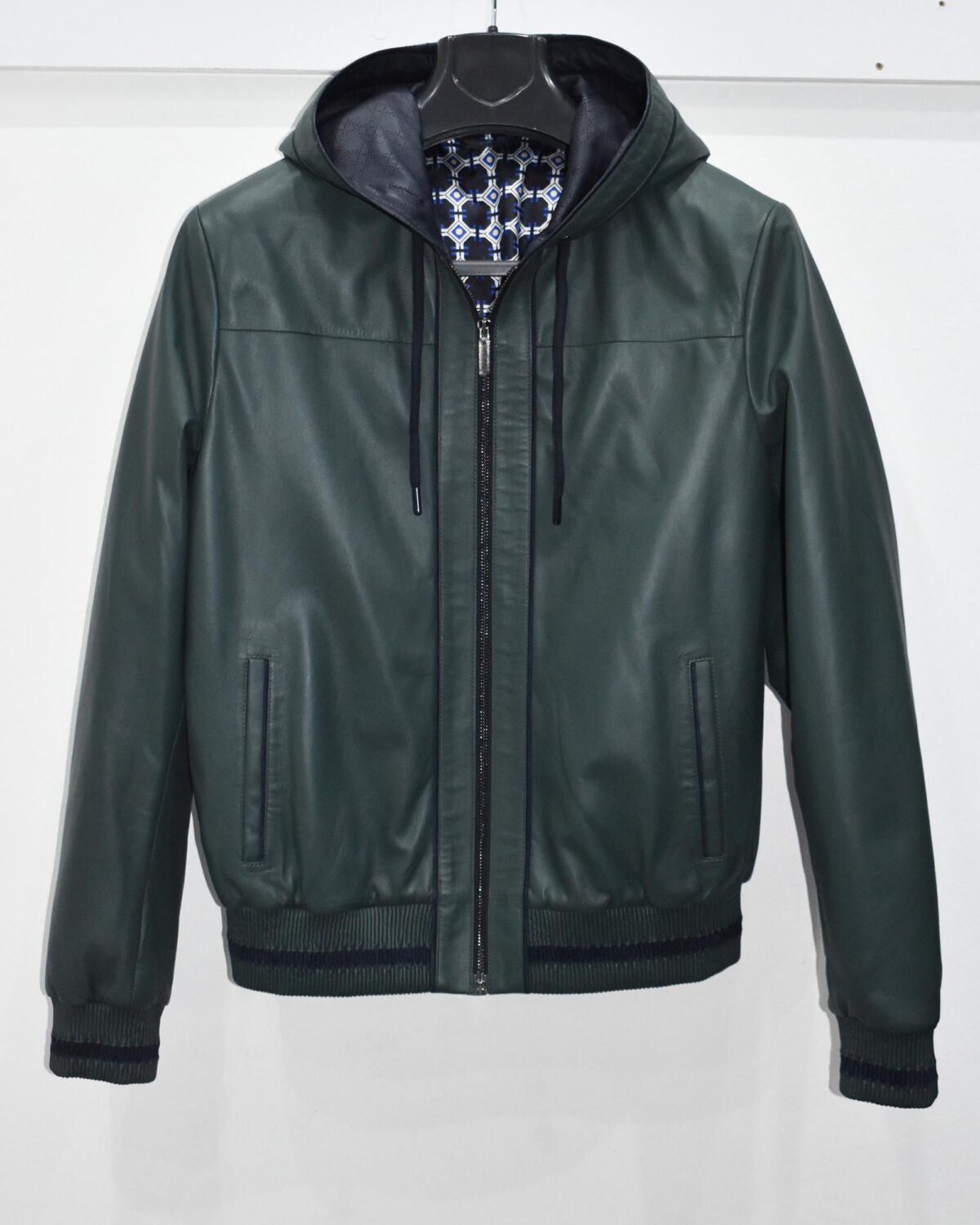 695e598e59f447123fa4e7f7.jpg Green Leather Hooded Bomber Jacket | Men's Zip-Up Hoodie Coat | Casual Luxury Outerwear