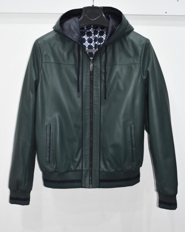 Green Leather Hooded Bomber Jacket | Men's Zip-Up Hoodie Coat | Casual Luxury Outerwear