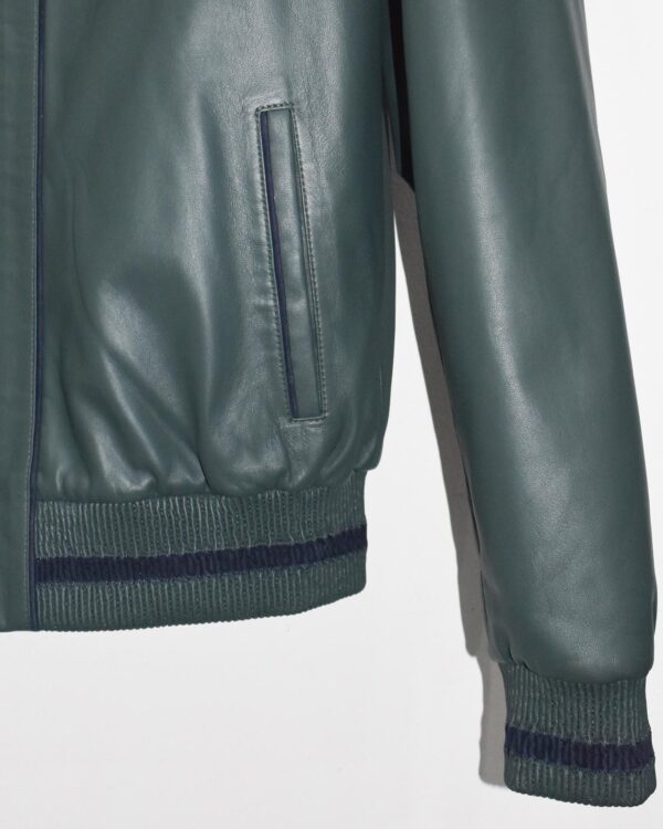 Green Leather Hooded Bomber Jacket | Men's Zip-Up Hoodie Coat | Casual Luxury Outerwear