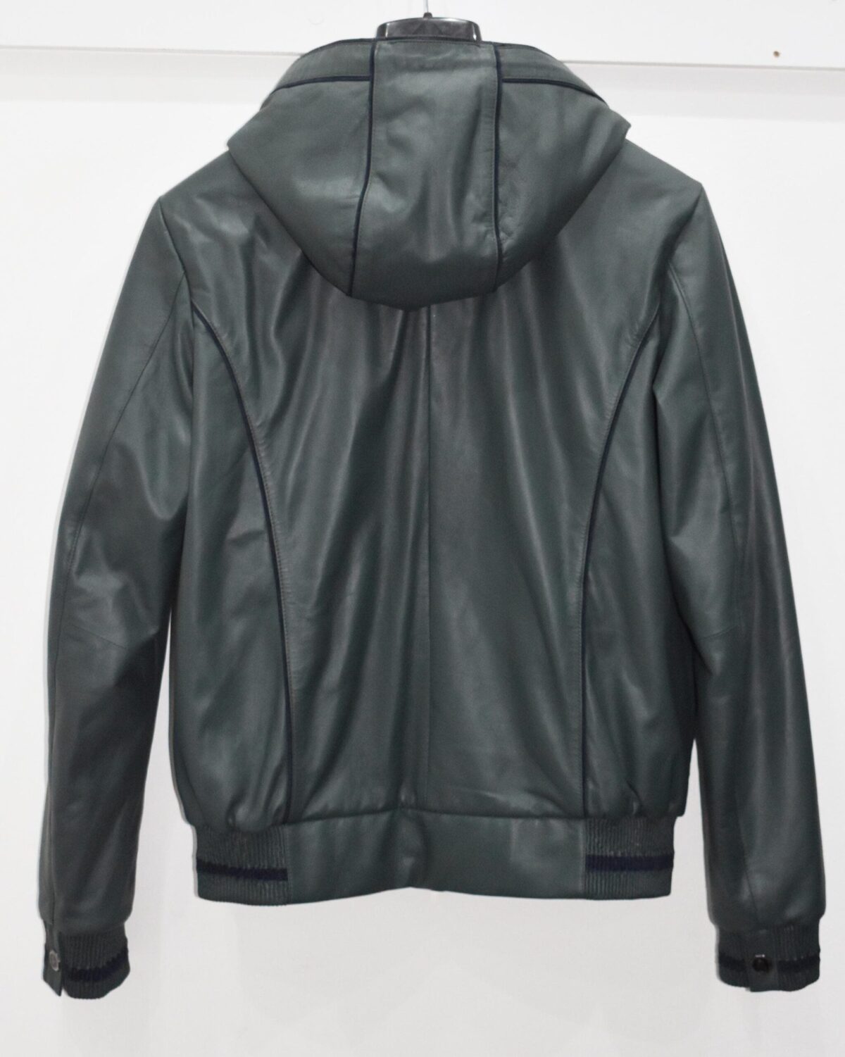 695e599059f447123fa4e892.jpg Green Leather Hooded Bomber Jacket | Men's Zip-Up Hoodie Coat | Casual Luxury Outerwear