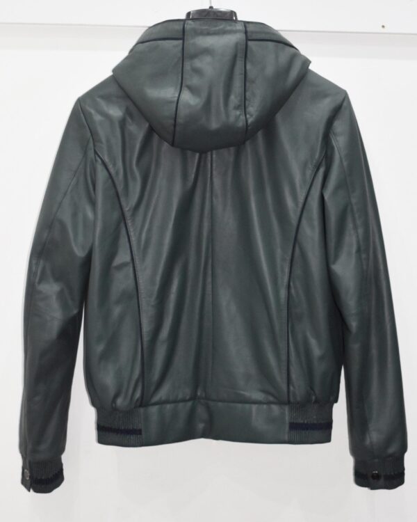 Green Leather Hooded Bomber Jacket | Men's Zip-Up Hoodie Coat | Casual Luxury Outerwear
