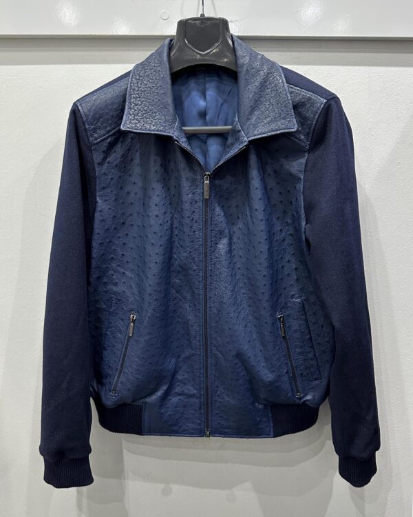 Navy Blue Ostrich Leather Wool Bomber Jacket | Luxury Men's Outerwear