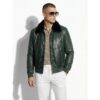 Green Genuine Python Skin Bomber Jacket | Luxury Mink Fur Collar Leather Coat