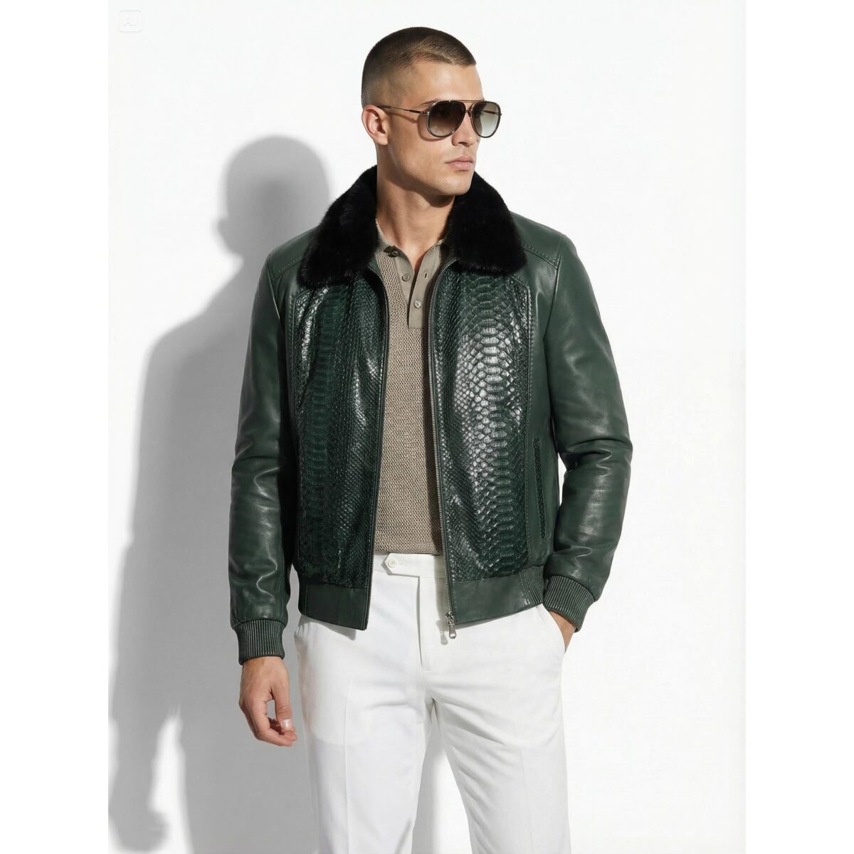 Green Genuine Python Skin Bomber Jacket | Luxury Mink Fur Collar Leather Coat