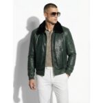 Green Genuine Python Skin Bomber Jacket | Luxury Mink Fur Collar Leather Coat
