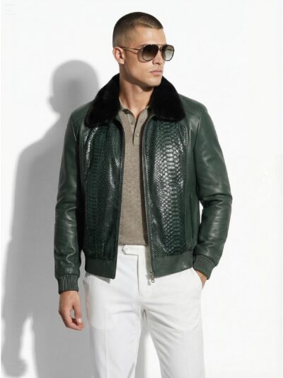 Green Genuine Python Skin Bomber Jacket | Luxury Mink Fur Collar Leather Coat