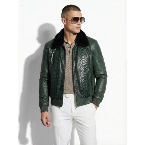Green Genuine Python Skin Bomber Jacket | Luxury Mink Fur Collar Leather Coat